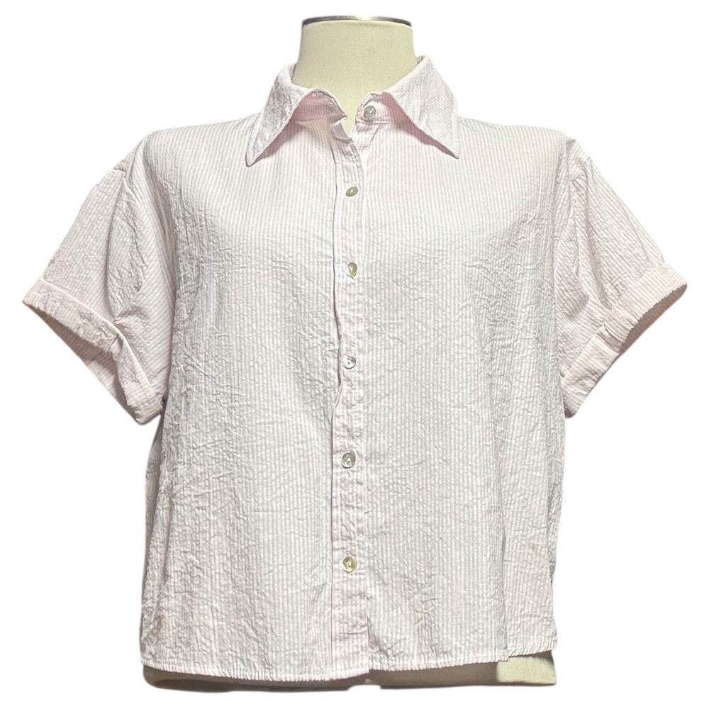 Passport Short Sleeve Button Up Top Pink White Seersucker XL